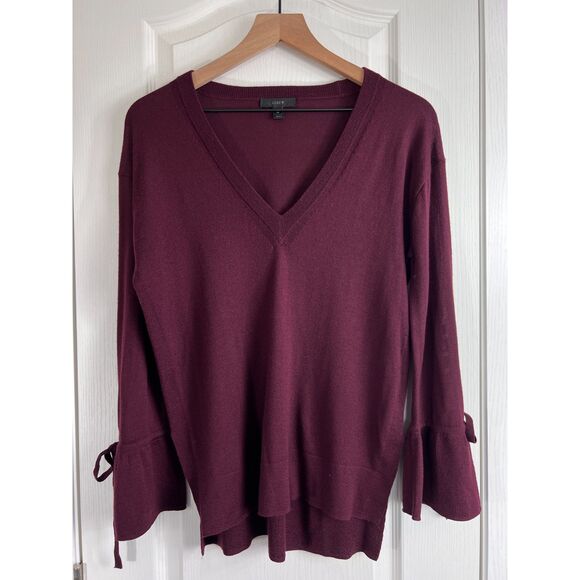 J Crew Women's Merino Wool V-Neck Sweater Drawstring Sleeves Cabernet Size XS - Picture 1 of 12